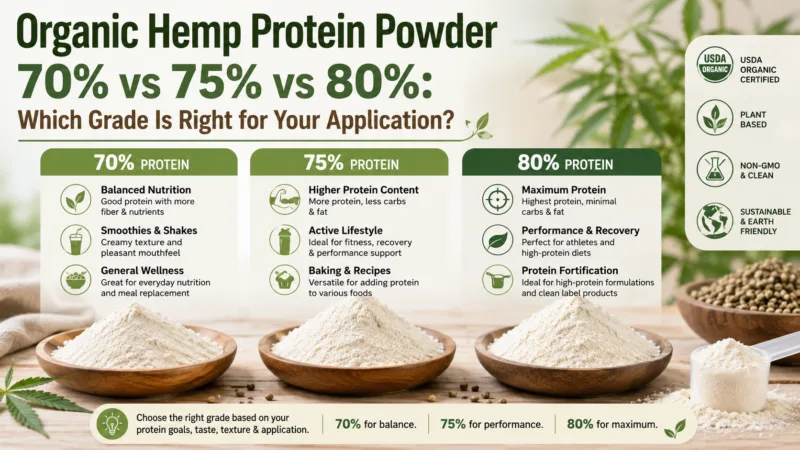 Proteina Di Canapa Biologica In Polvere 70 % Vs 75 % Vs 80 %: Quale Grado È Giusto Per La Vostra Applicazione? Organic Hemp Protein Powder 70% Vs 75% Vs 80% Which Grade Is Right For Your Application